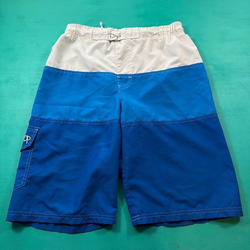 Y2K OP ocean pacific board shorts • blue and white 2000s op swim trunks